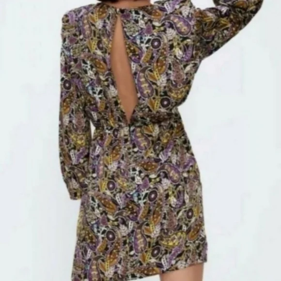 Zara Paisley Print Open Keyhole Back Long Sleeve Partially Lined Mini Dress, XS - Picture 4 of 15